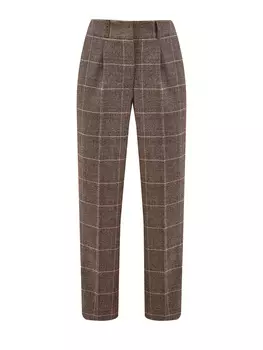 Укороченные брюки в клетку с защипами и нашивкой из кожи