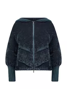 Укороченный пуховик из велюра с вязаными манжетами и капюшоном