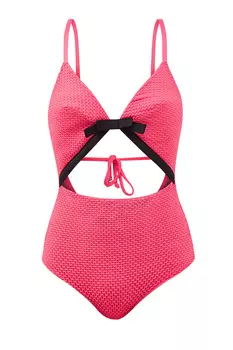 Яркий слитный купальник с V-образным вырезом и контрастной отделкой