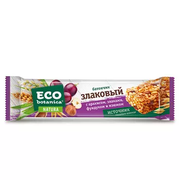 Батончик злаковый Eco-botanica NATURA с арахисом, злаками, фундуком и изюмом