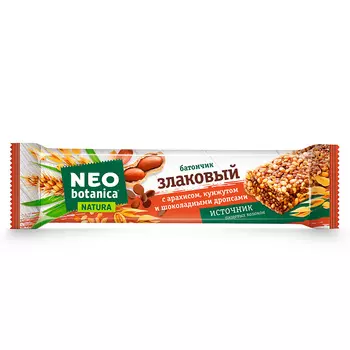 Батончик злаковый Neo-Botanica Natura, с арахисом, кунжутом и шоколадными дропсами, 29 гр