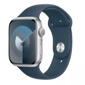 Apple Watch Series 9 (корпус - серебристый, 45mm ремешок Sport Band штормовой синий, размер S/M)