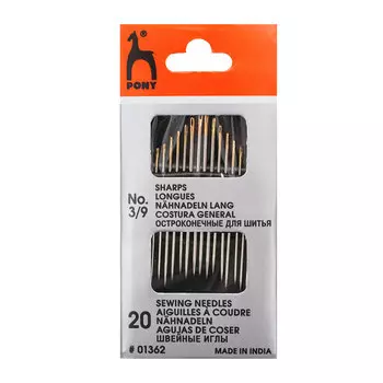 01362 Иглы ручные для шитья Sharps с золотым ушком, № 3-9, 20 шт PONY
