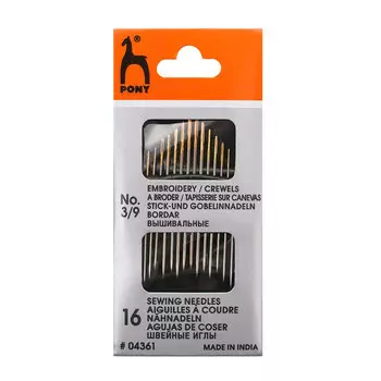 04361 Иглы для вышивания и шитья Crewels с золотым ушком № 3-9, 16 шт PONY