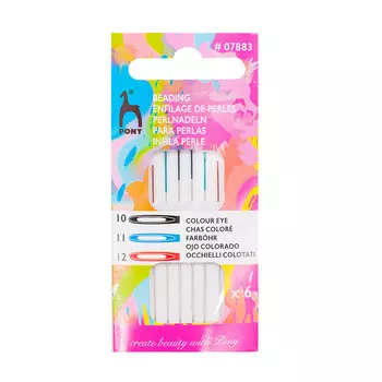 07883/02 Иглы для бисера с цветн. ушком, №10, 11, 12, сереб./черн./голуб./красн., упак.6 шт, PONY