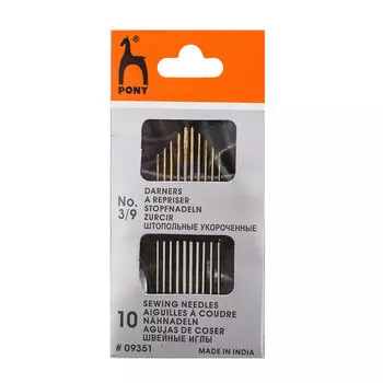 09351 Иглы ручные для штопки короткие Darners с золотым ушком № 3-9, 10 шт PONY