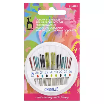 10181 Иглы для синели, глади с цветным ушком, № 20-26, 24 шт., в розетке PONY
