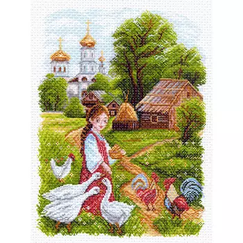 1552 Канва с рисунком Матренин посад 'На птичьем дворе' 28х38см.(37*49см)