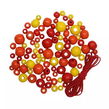 160814 Набор деревянных бусин со шнуром, красный микс, 6,8,10,12мм, 90шт/упак, Astra&amp;Craft.