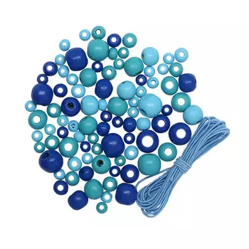 160815 Набор деревянных бусин со шнуром, голубой микс, 6,8,10,12мм, 90шт/упак, Astra&amp;Craft.