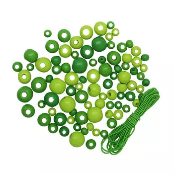 160816 Набор деревянных бусин со шнуром, зелный микс, 6,8,10,12мм, 90шт/упак, Астра.