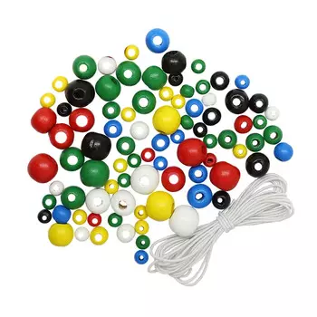 160819 Набор деревянных бусин со шнуром, яркий микс, 6,8,10,12мм, 90шт/упак, Astra&amp;Craft.