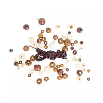 160821 Набор деревянных бусин со шнуром, натуральный микс, 6,8,10,12мм, 90шт/упак, Astra&amp;Craft.