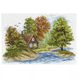 1653 Канва с рисунком 'Матренин Посад' 'Пейзаж с домиком', 37*49 см