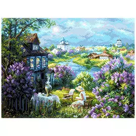 1931 Канва с рисунком Матренин посад 'Утро в деревне' 33*45 см (37*49 см)