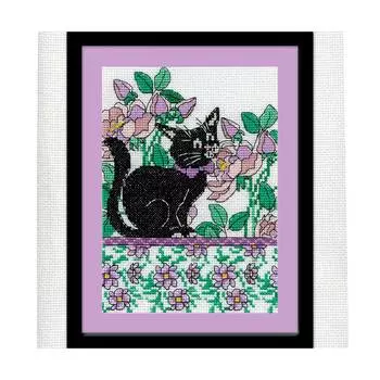 2805 DWC Набор для вышивания 'Черный кот среди сиреневых цветов' 13х18 см