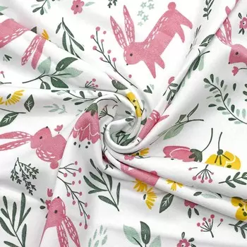 29528 Интерлок 'Зайчики в цветах' 100% х/б (пл.170-180г/м2 ) 45см*50см + -2см, цв. бело/розовый