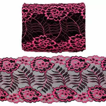 3AR286 Кружево эластичное двухцветное 17см*13,72м (06 ярко-розовый/черный)