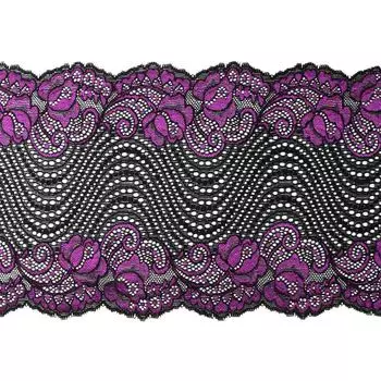 3AR369 Кружево эластичное 18см*9,14м (02 черный/фиолетовый)