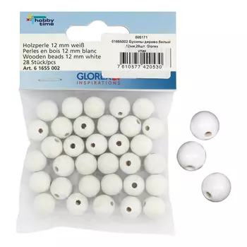 61655002 Бусины дерево, белый,12 мм, упак./28 шт., Glorex