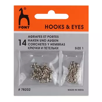 78202 Крючки с петельками одежные 9 мм, никель, серебристые, 14 шт PONY