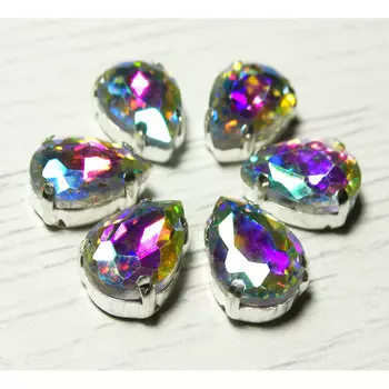 АЦ014НН1014 Хрустальные стразы в цапах формы 'капля', белый с покрытием AB 10х14, 5 шт