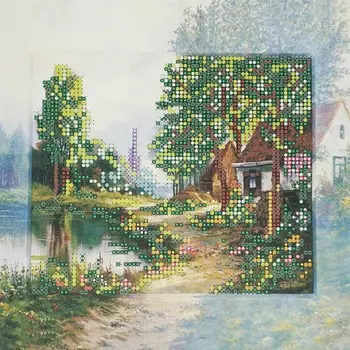 AC-092 Схема для вышивки бисером на натуральном художественном холсте 'Домик в деревне' 20*20см