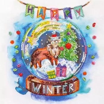 АМB-075 Набор-миди для вышивки бисером на натуральном художественном холсте 'Счастливая зима' 20*20см