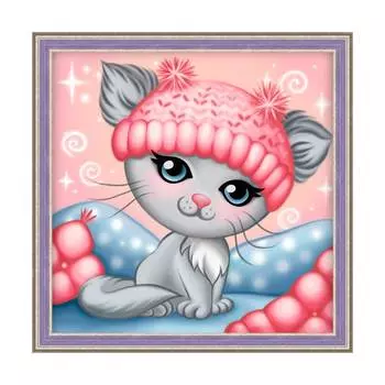 АЖ-1862 Картина стразами 'Котенок в шапочке' 30*30см