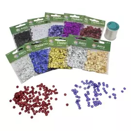 Большой набор цветных пайеток 6мм, 10 цветов по 10гр., Астра + мононить в