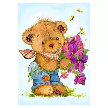 DE7050 Картина стразами РТО 'Мишка с букетом' 19х27см