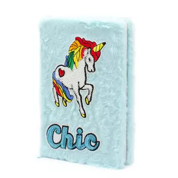 DV-11805 Блокнот 12*18,8см 60л 'меховой' с рисунком из пайеток 'единорог', голубой