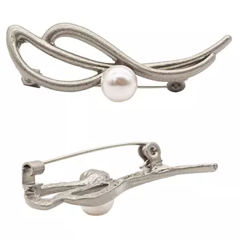 ГЛН2072 Брошь 15мм*49мм, матовое серебро/37 жемчуг