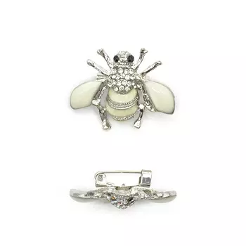 ГСХ584 Брошь Пчела 30*29мм, никель+белый/белый страз