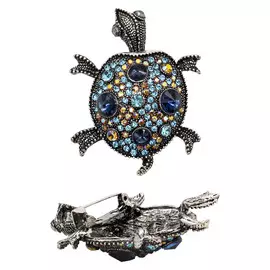 ГУБ7777 Брошь Черепаха 45*58мм, черненое серебро/темно-синий+бирюза+бежевый