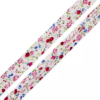 Косая бейка с принтом 'Цветы' 15мм*65,8м (60% х/б, 40% полиэстер) (FBF38 розовый)