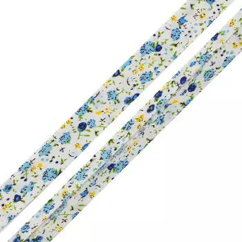Косая бейка с принтом 'Цветы' 15мм*65,8м (60% х/б, 40% полиэстер) (FBF37 голубой)