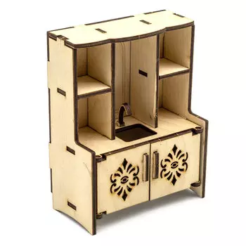 L-705 Деревянная заготовка кукольная мебель 'Кухонный шкаф тройной с мойкой и резными дверцами' 10*13*5,5 см, Astra&amp;Craft