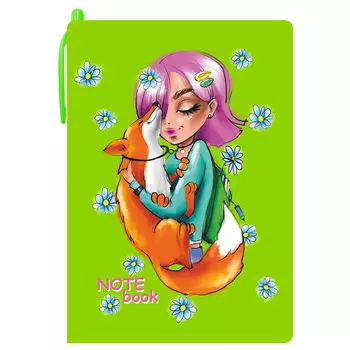 LAMARK0128 Блокнот с ручкой Девочка с лисой, 105х150 мм, ручка, внутри блок на спирали