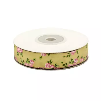 Лента атласная 'Цветочки' 1,5см*22,86м (бежевый)