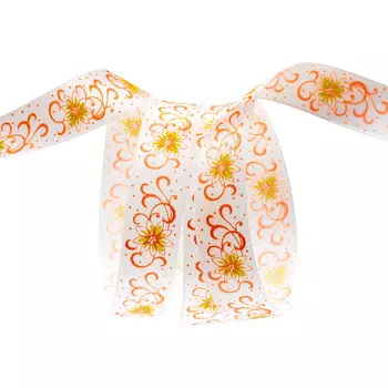 Лента атласная PREMIUM 'Цветочный узор' 20мм*22,5м (029 белый)