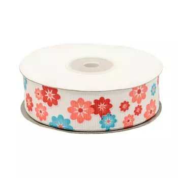 Лента репсовая 'Цветочки 2' 2,5см*22,86м (розовый/голубой)