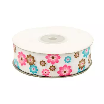 Лента репсовая 'Цветочки 2' 2,5см*22,86м (голубой/коричневый)