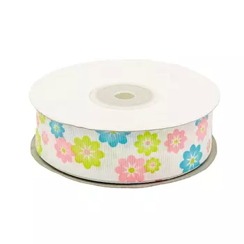 Лента репсовая 'Цветочки 2' 2,5см*22,86м (розовый/салатовый)