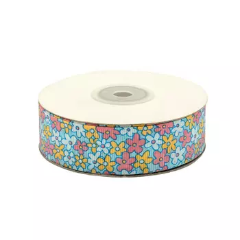 Лента репсовая 'Цветочки 3' 2,5см*22,86м (св.голубой)