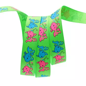 Лента репсовая PREMIUM 'Рыбки' 22мм*22,5м (555 зеленый)