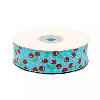 Лента репсовая 'Вишни' 2,5см*22,86м (голубой)