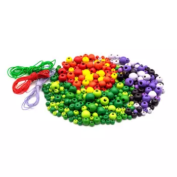 Набор деревянных бусин со шнуром, красно-фиолетово-зеленый микс, 6-12мм, 270шт, Астра
