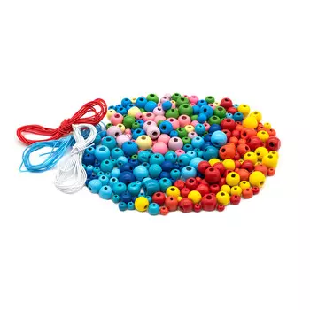 Набор деревянных бусин со шнуром, красно-пастельно-голубой микс, 6-12мм, 270шт, Астра