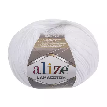 Пряжа Alize 'Lanacoton' 50г 160м (26% шерсть, 26% хлопок, 48% акрил) (55 белый)